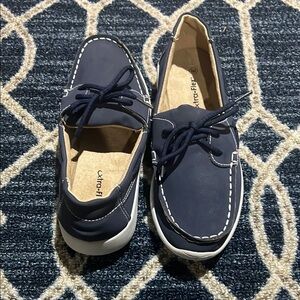 Navy Boat Shoes with White Stitching